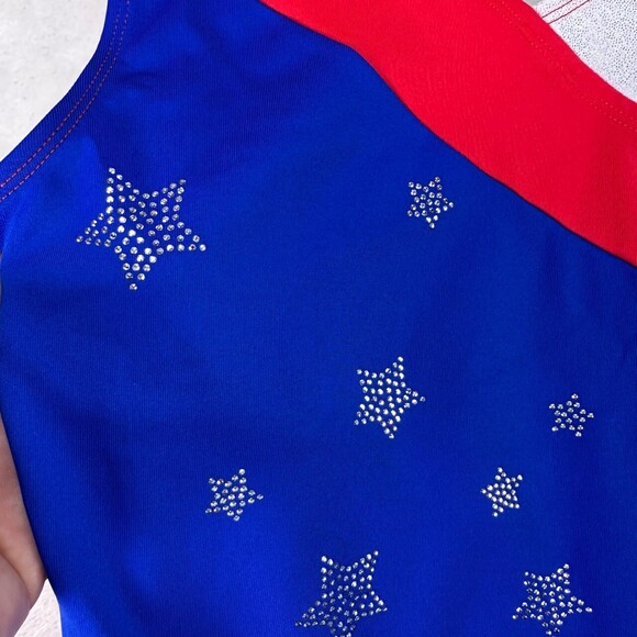 NWT Girls Red Wt Blue Star Embellished Sleeveless Asymmetric Flag Leotard XL14 - Picture 3 of 10